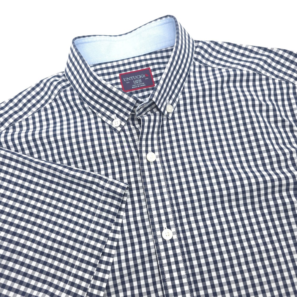 UNTUCKit Mens Censio Slim Fit Short Sleeve Gingham Shirt Navy Blue Large